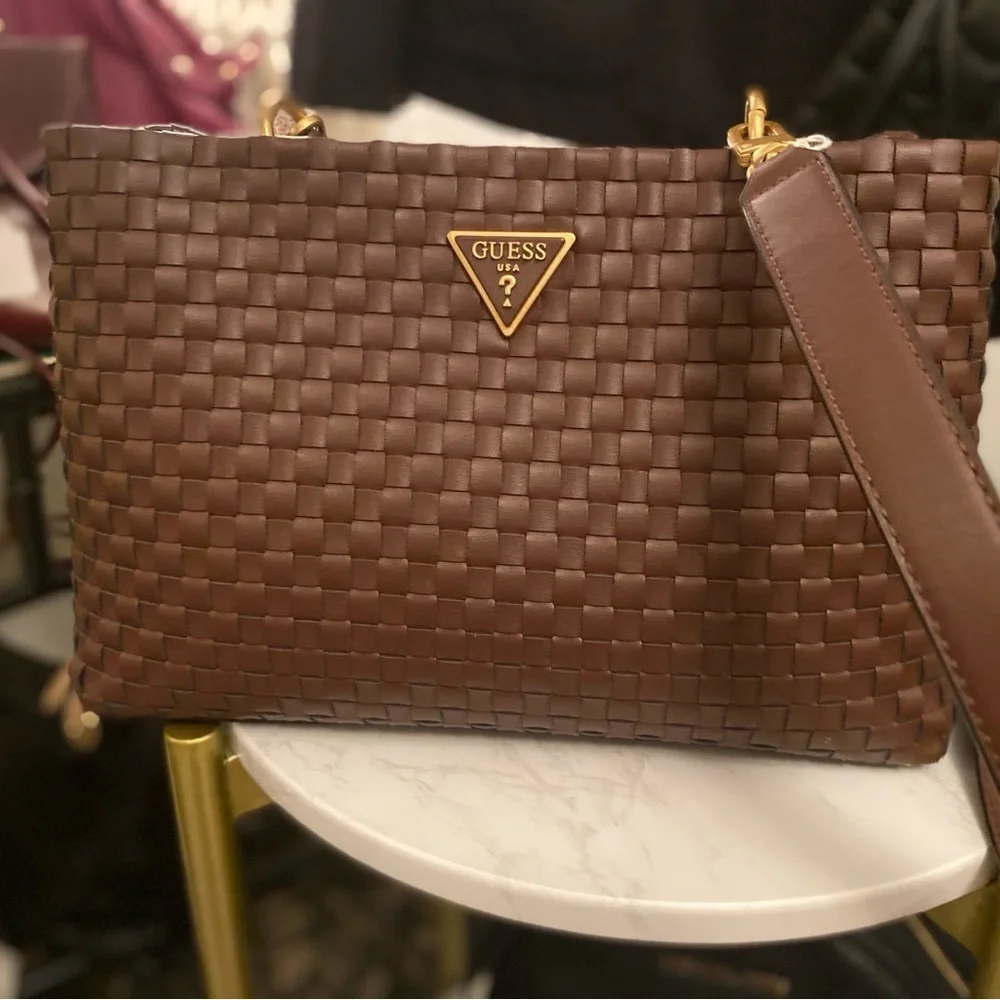 Guess Dark Brown Woven Shoulder Bag - Picture 1 of 5